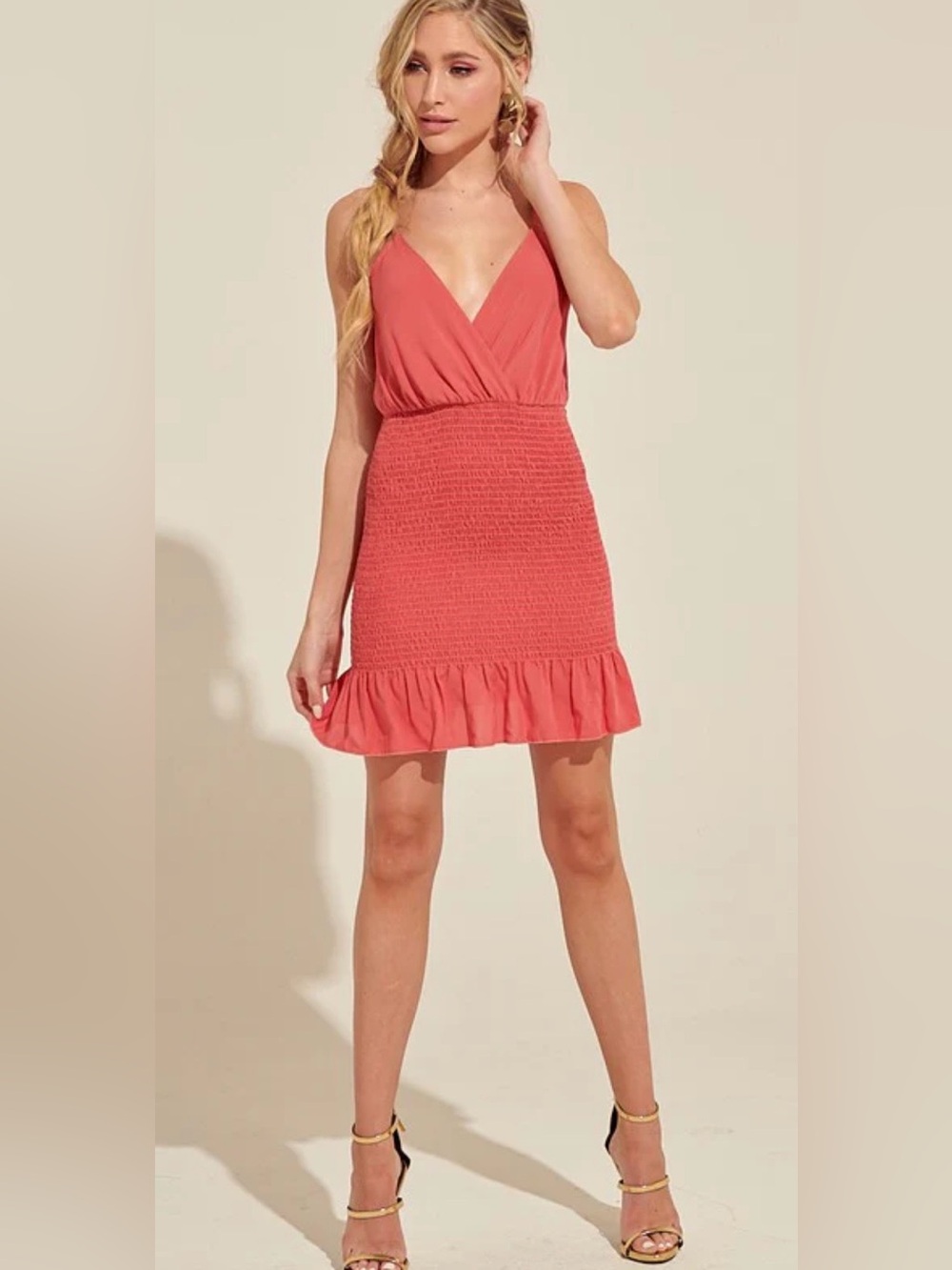 Papermoon Coral Smocked Ruffle Mini Dress NWT Adjustable Straps Size L